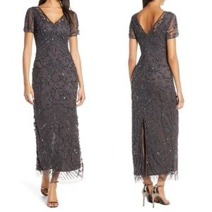 Pisarro Nights Beaded Mesh Column Gown in Slate Gray - Size 10